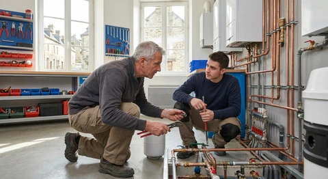 Photographie professionnelle montrant deux techniciens dans un atelier ou sur un chantier de rénovation, travaillant ensemble en collaboration étroite - un senior expérimenté et un plus jeune - illustrant la transmission des compétences et la continuité du savoir-faire artisanal. L'environnement doit montrer des outils professionnels, des équipements de plomberie, chauffage ou électricité, dans une ambiance réelle de travail qualifié. L'image doit transmettre une atmosphère de confiance, de professionnalisme et de savoir-faire préservé.