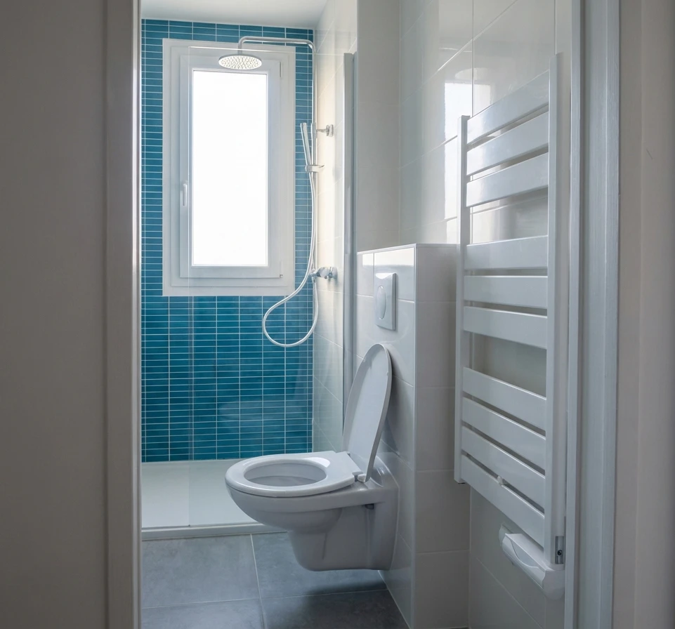Salle de bain élégante combinant baignoire îlot sur pieds en fonte émaillée, extérieur terracotta, robinetterie colonne en laiton nickelé brossé, style victorien