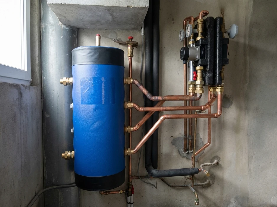 Salle de bain moderne avec baignoire encastrée rectangulaire en acrylique blanc, robinetterie thermostatique murale chromée avec douchette à main flexible