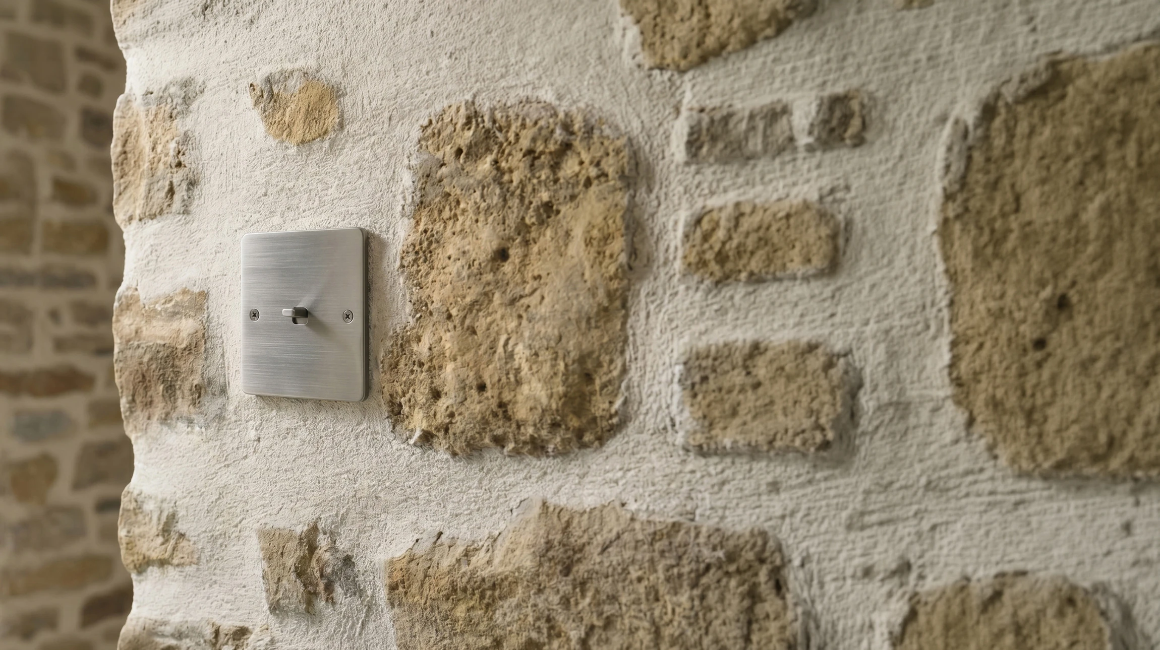 Main de femme appuyant sur un interrupteur mural blanc dans un intérieur résidentiel moderne
